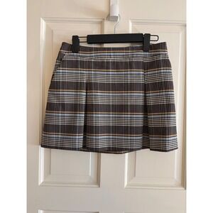 Topshop Brown Blue Plaid Pleated Mini Skirt US 6 Preppy Dark Academia Check